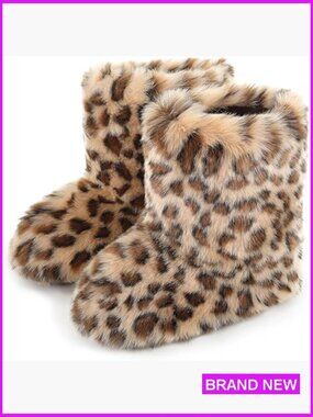 Faux Fur Snow Boots Fluffy Mid-Calf Winter Shoes Cozy Warm Fuzzy Boots
